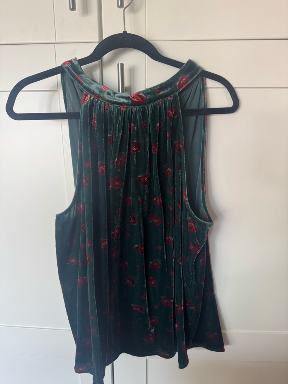 LOFT Green Velvet Tank with Red Floral Burnout